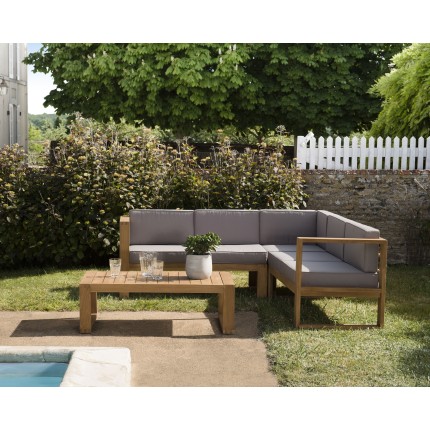 Salon de jardin en bois teck - Canapé d'angle 5p. et table basse rectangulaire