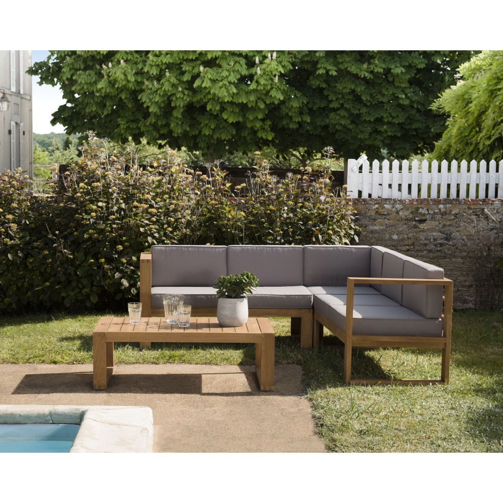 Salon de jardin en bois teck - Canapé d'angle 5p. et table basse rectangulaire Salon de jardin en bois teck - Canapé d'angle 5p. et table basse rectangulaire