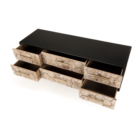 Meuble TV DORRIE noir 6 tiroirs scandi bois Sapin marqueté