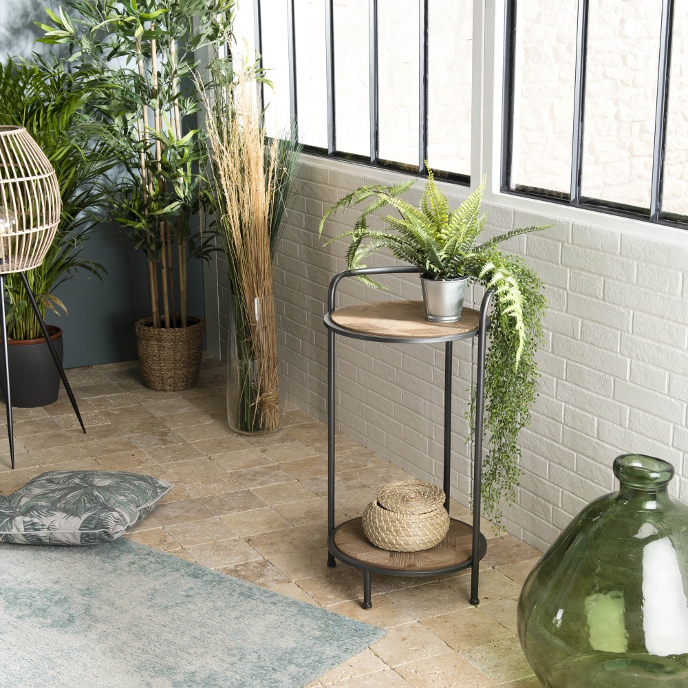 HELENA Round Side Table with 2 Levels Fir Marquetry Metal Legs