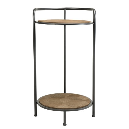 HELENA Round Side Table with 2 Levels Fir Marquetry Metal Legs
