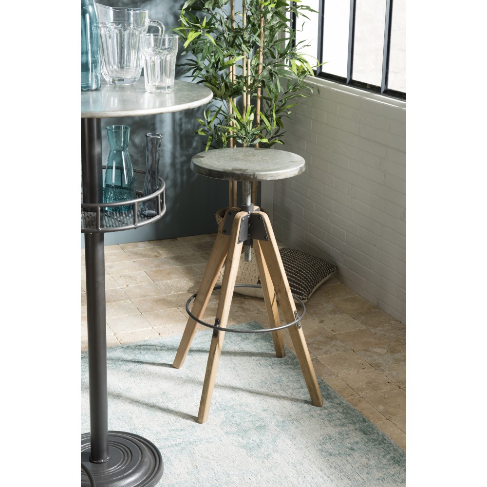 HELENA Bar Stool - Round Seat Aged Zinc Fir Wood Legs