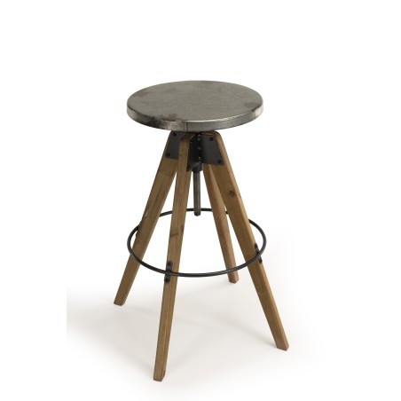 HELENA Bar Stool - Round Seat Aged Zinc Fir Wood Legs
