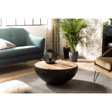 ROMAIN Round Black Coffee Table 68x68cm Mango Wood and Black Metal