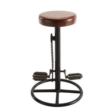 Tabouret de bar industriel ROMAIN - Cuir marron et métal noir