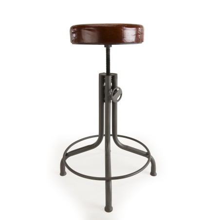 Tabouret industriel ROMAIN cuir marron hauteur ajustable