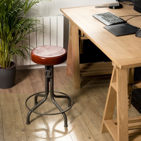 Tabouret industriel ROMAIN cuir marron hauteur ajustable