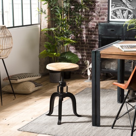 ROMAIN - Industrial Stool Wooden Seat Adjustable Height Black Metal