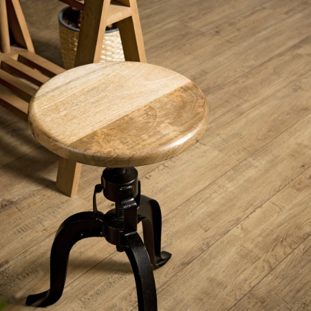 ROMAIN - Industrial Stool Wooden Seat Adjustable Height Black Metal