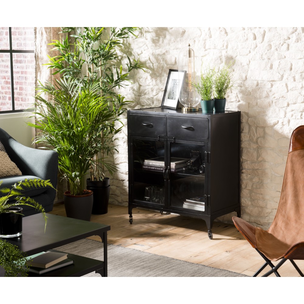 ROMAIN Industrial Black Metal Sideboard - 2 Doors, 2 Drawers