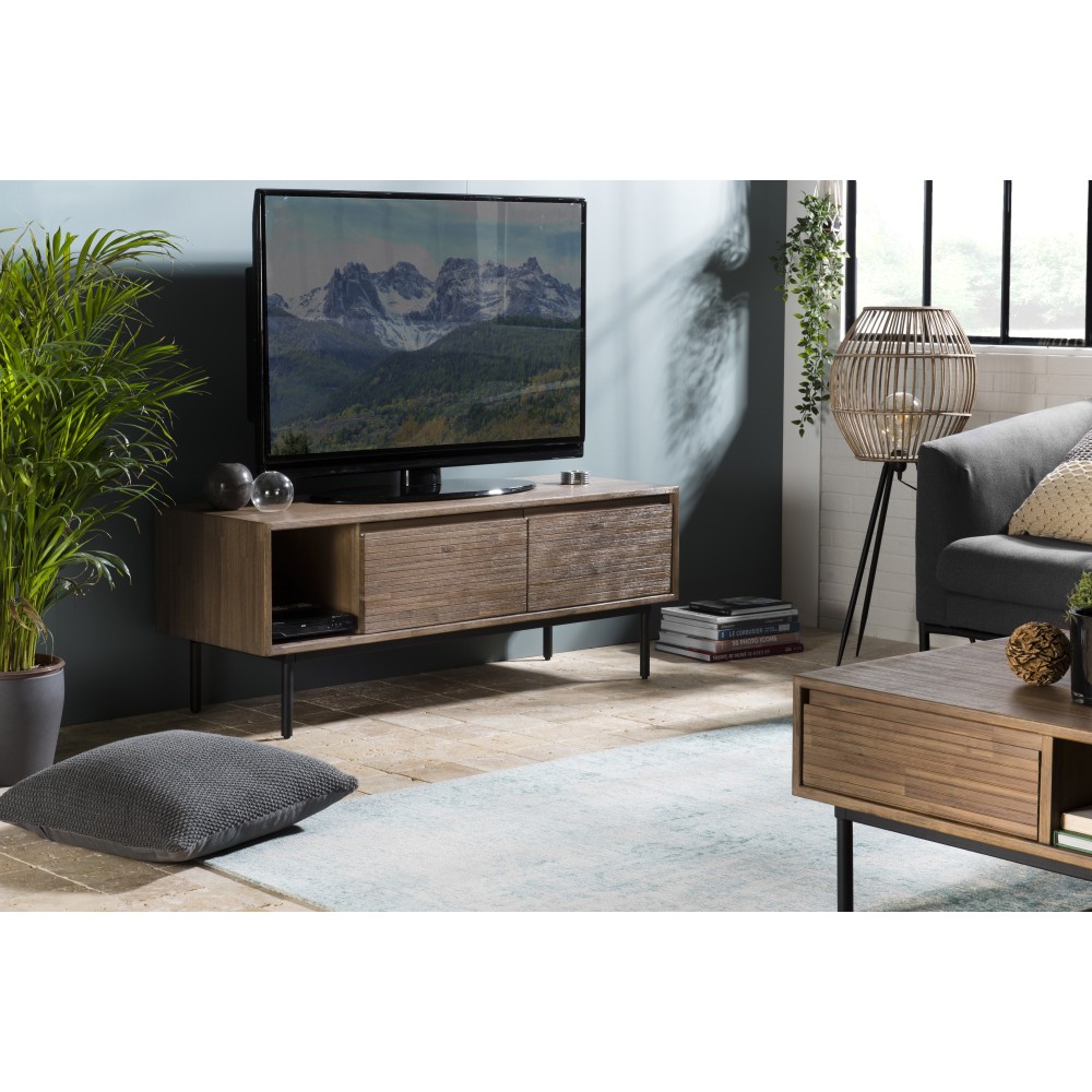 ARTURO TV Stand - Acacia Wood 2 Folding Doors 1 Shelf 1 Niche Metal Legs