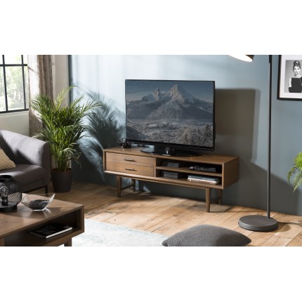 Meuble TV LARA - Bois Mindi Marron 2 tiroirs 2 niches