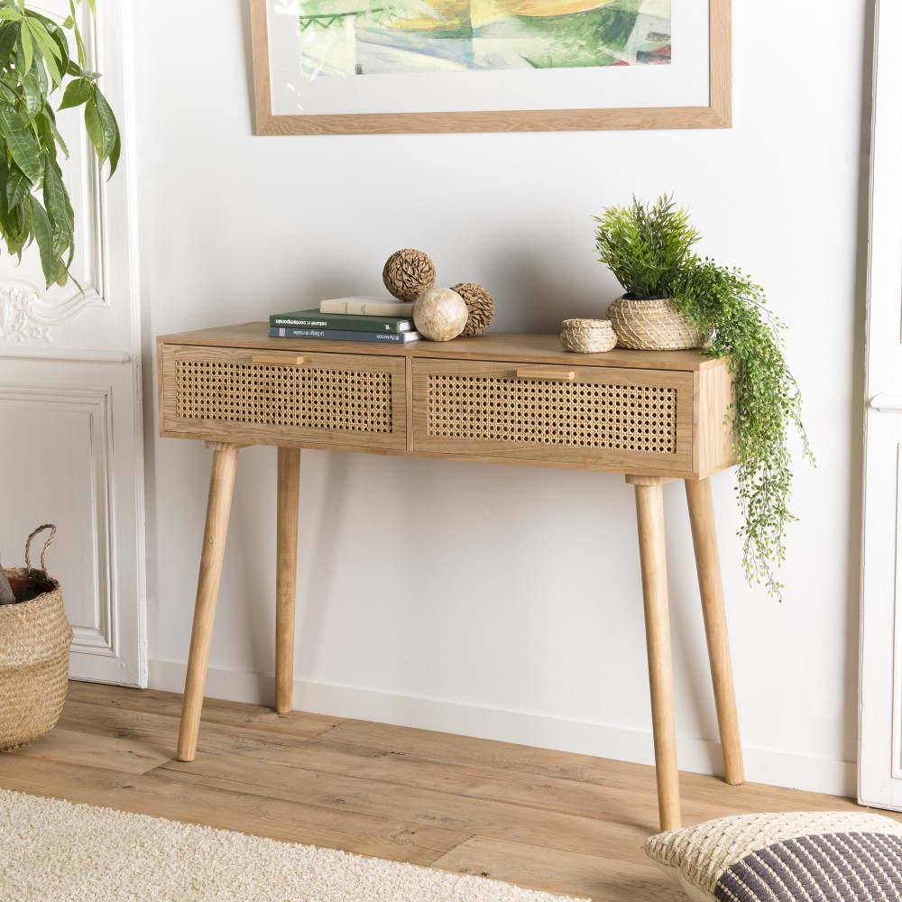 Console RODRIGO - Bois Cannage 2 Tiroirs Naturel Console RODRIGO - Bois Cannage 2 Tiroirs Naturel