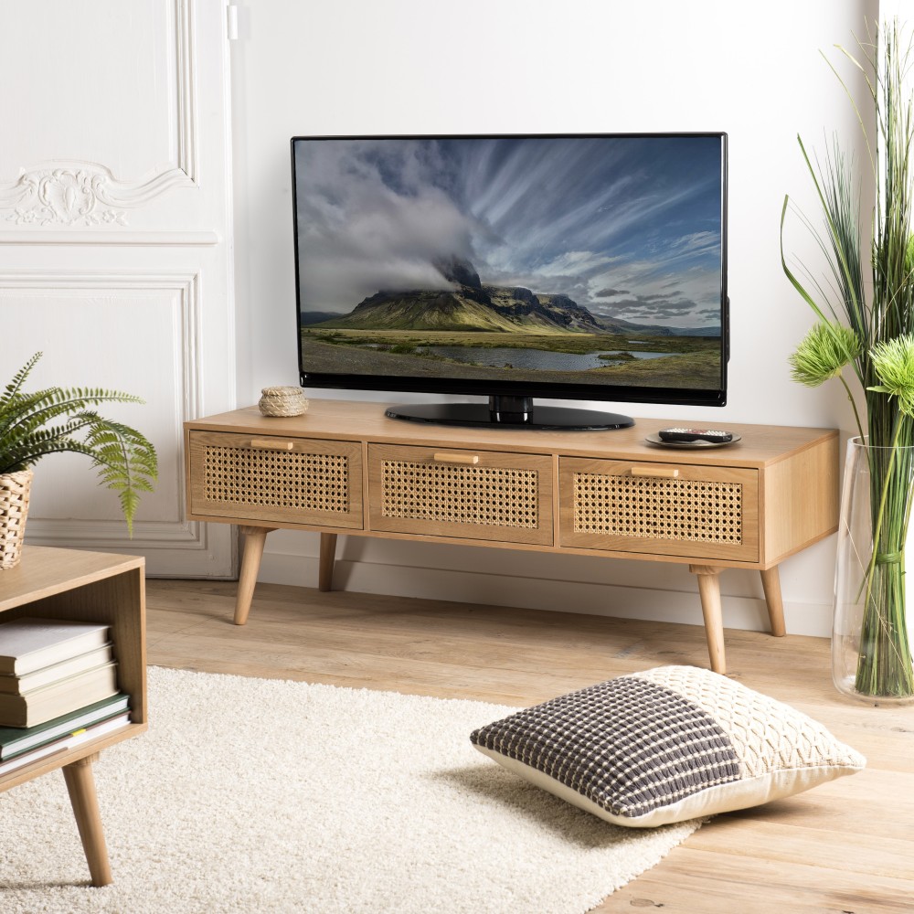 Rodrigo TV Stand with 3 Drawers and Cane Rodrigo TV Stand with 3 Drawers and Cane