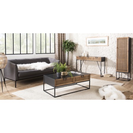 DORIA Rectangular Black Metal Coffee Table with 2 Natural Cane Drawers