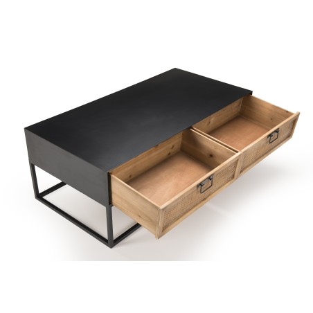 DORIA Rectangular Black Metal Coffee Table with 2 Natural Cane Drawers