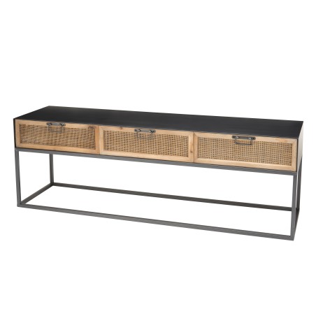 DORIA Black Metal TV Stand with 3 Natural Cane Drawers