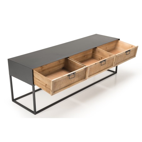 DORIA Black Metal TV Stand with 3 Natural Cane Drawers