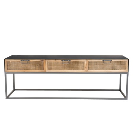 DORIA Black Metal TV Stand with 3 Natural Cane Drawers