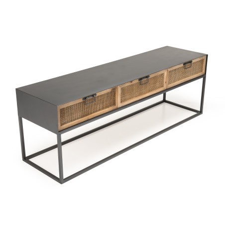 DORIA Black Metal TV Stand with 3 Natural Cane Drawers