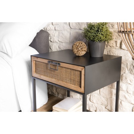 DORIA - Black Metal Bedside Table with Natural Cane Drawer