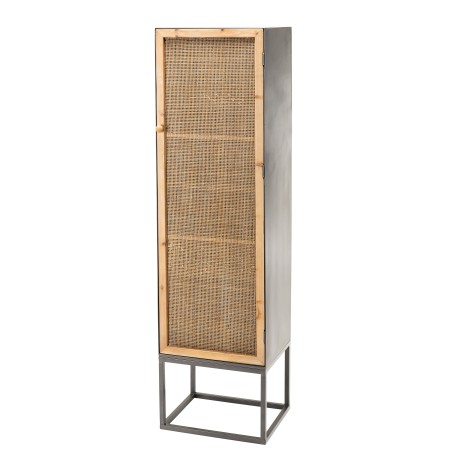 DORIA - Black Metal Wardrobe 1 Door 2 Shelves Natural Cane