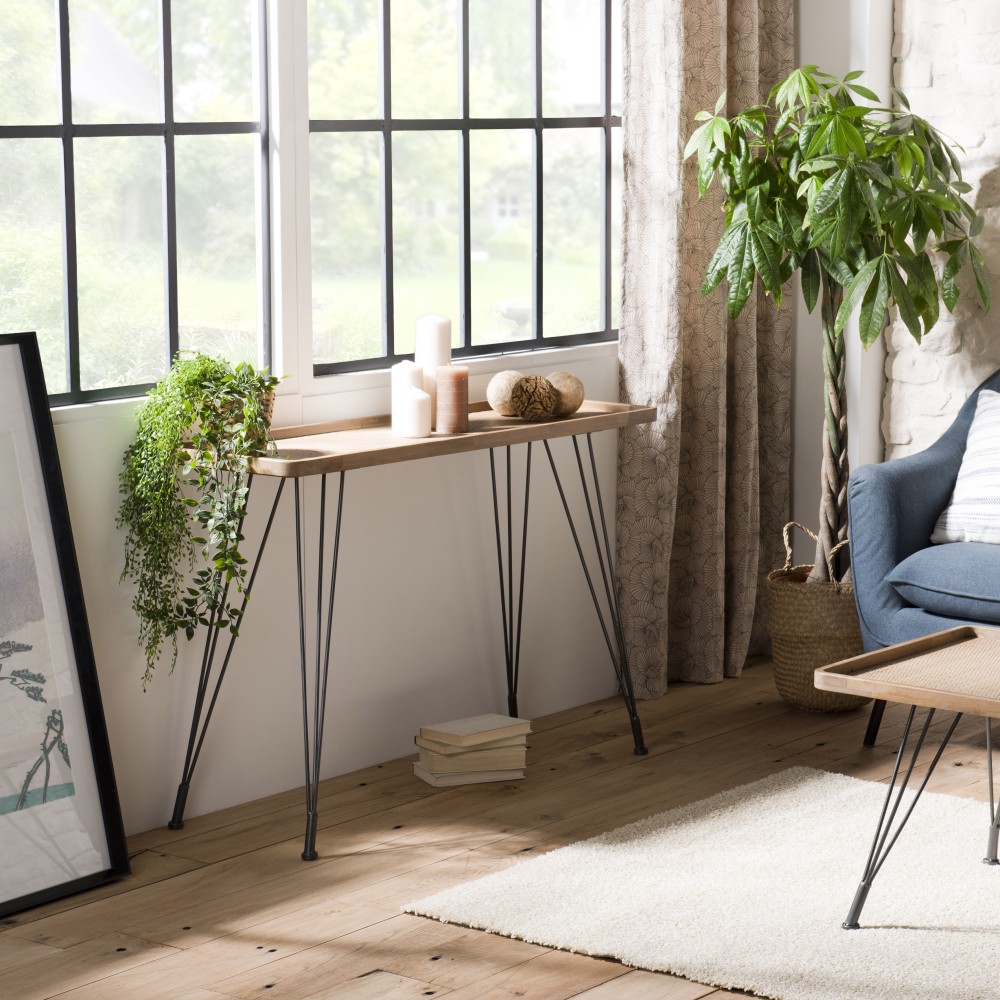 DORIA - Natural Rattan Console Table with Black Metal Hairpin Legs