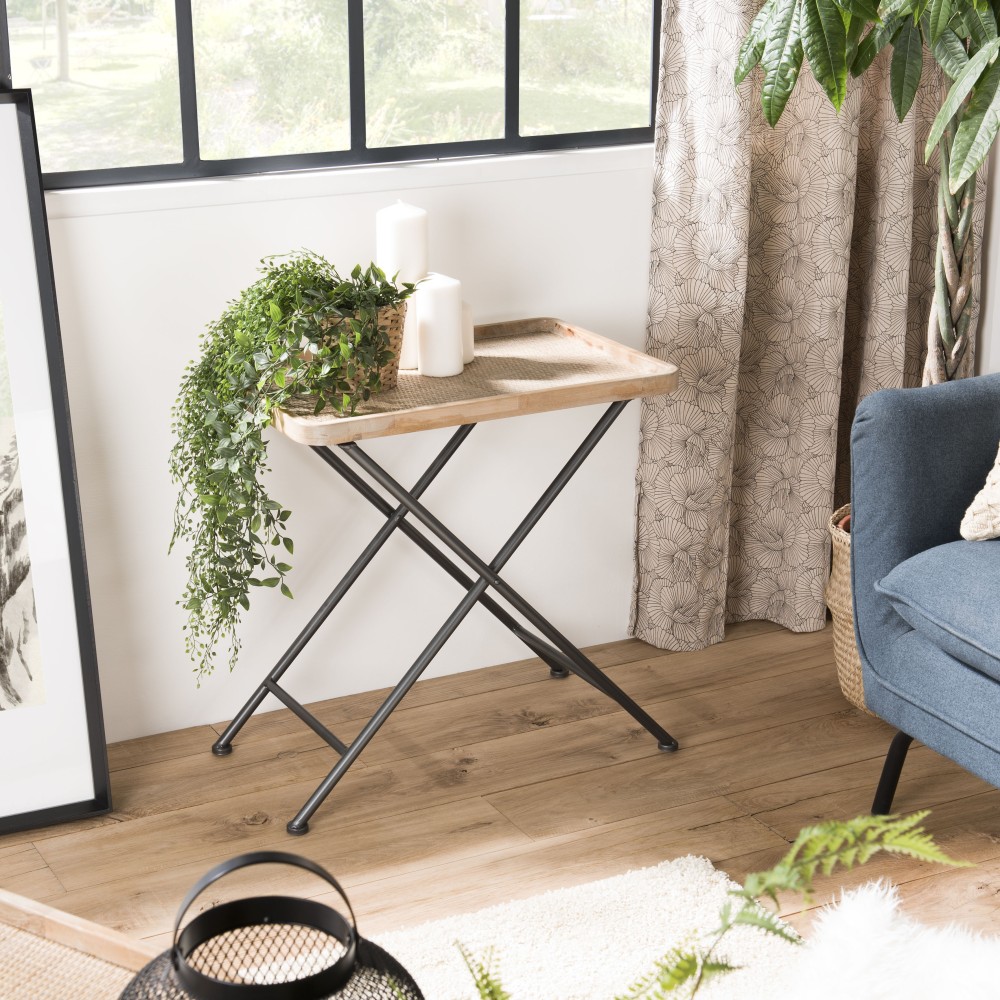 DORIA Rectangular Side Table - Natural Cane Top, Black Metal Legs