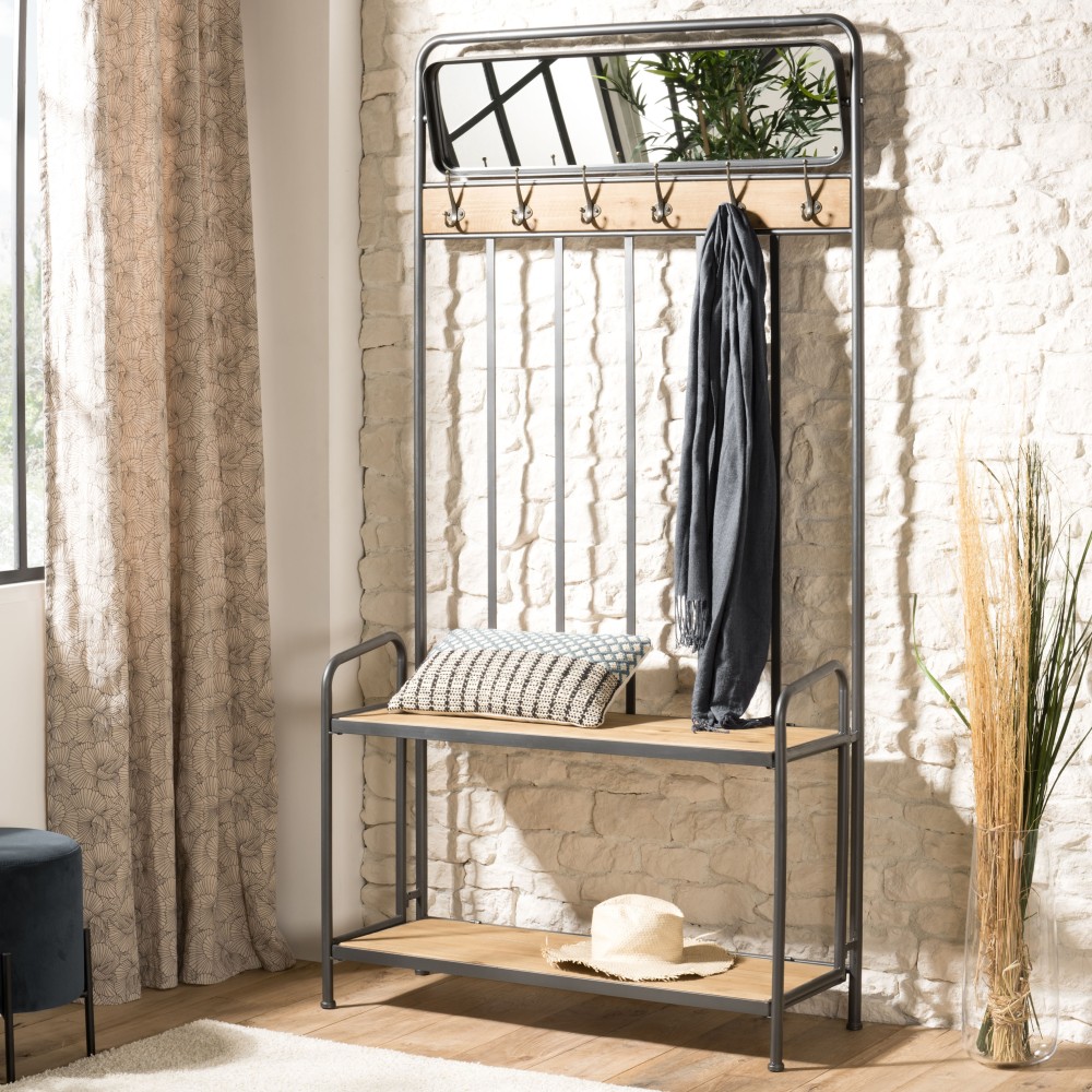 DORIA - Entryway Coat Rack with Mirror and 2 Shelves