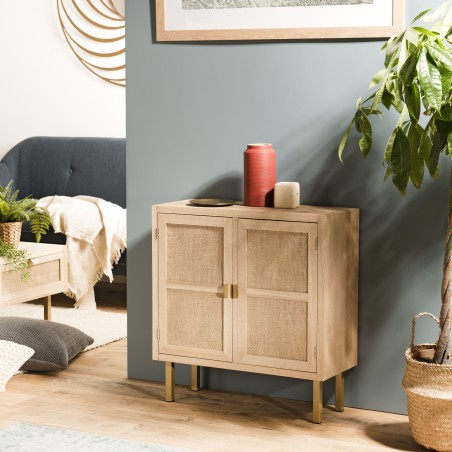 LAURA Sideboard - 2 Doors Jute Fabric Gold Metal Legs
