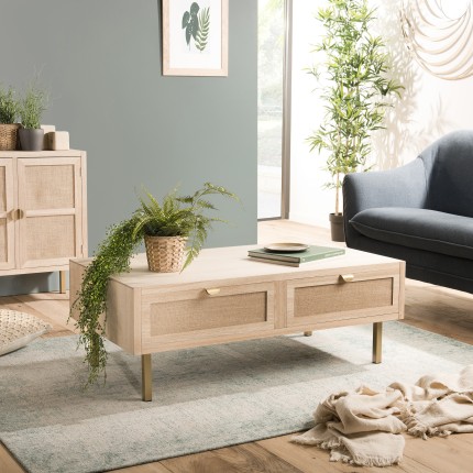 ALINE Coffee Table with 2 Drawers - Jute Fabric and Gold Metal Legs