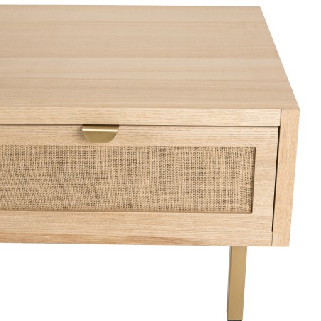 ALINE Coffee Table with 2 Drawers - Jute Fabric and Gold Metal Legs