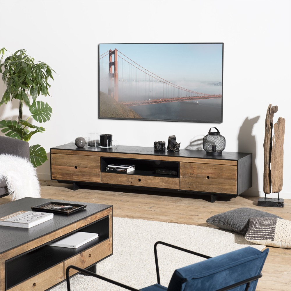 Meuble TV DANDY 3 tiroirs 1 niche bois Pin recyclé