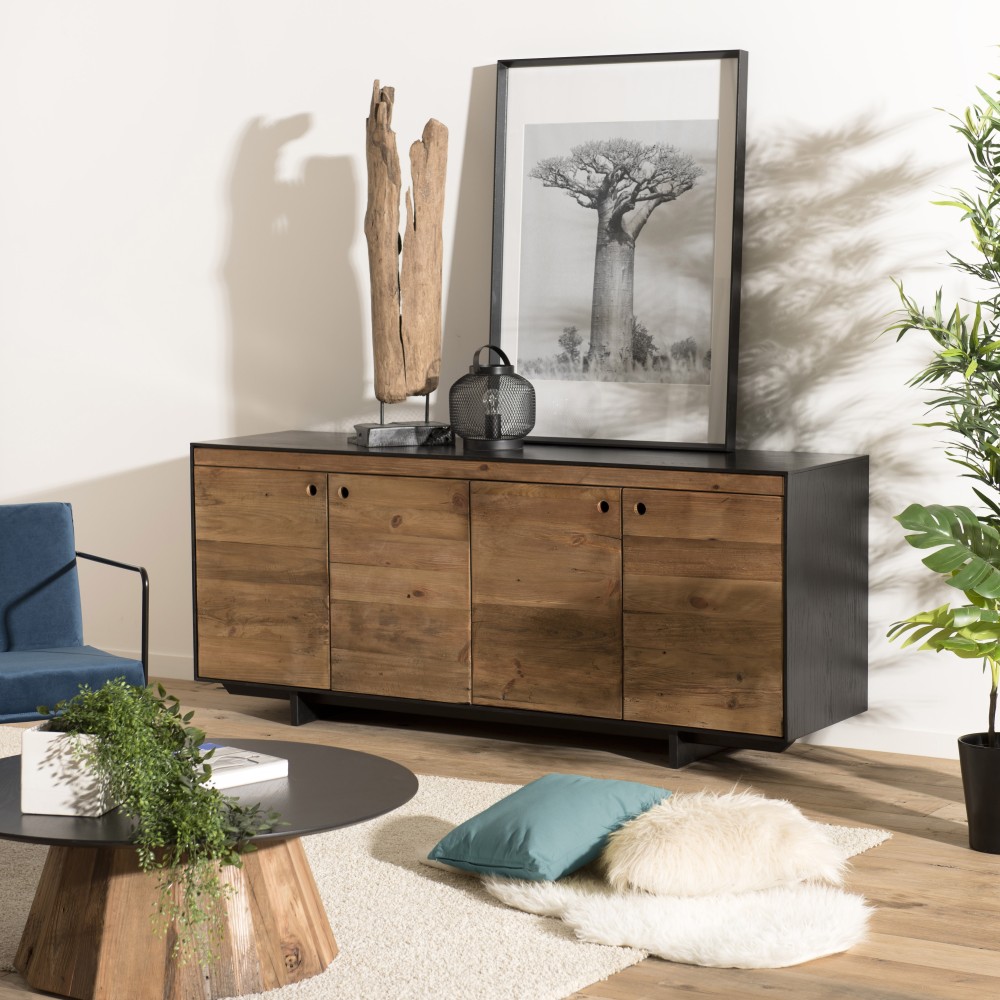 DANDY Sideboard - Natural and Black Recycled Pine - 4 Doors DANDY Sideboard - Natural and Black Recycled Pine - 4 Doors