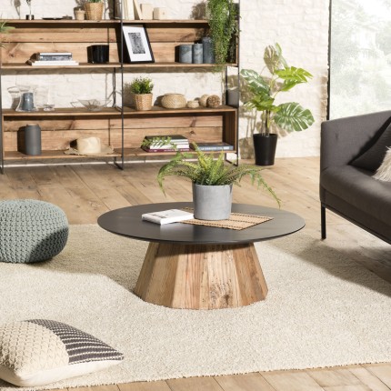 DANDY Round Coffee Table 90x90cm - Recycled Pine with Black Top