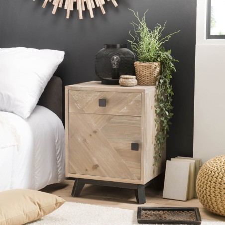 MANDY Beige Scandi Bedside Table 1 Drawer 1 Door Black Feet