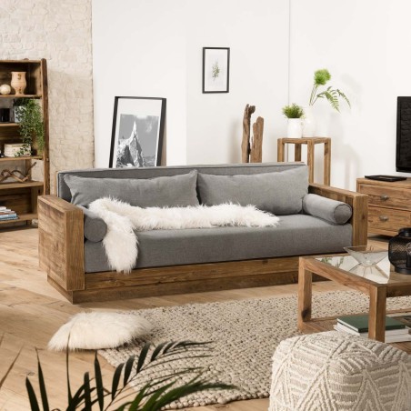 Canapé 3 places bois Pin recyclé marron tissu gris SANDY
