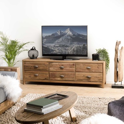 Meuble TV SANDY - Pin recyclé 6 tiroirs marron