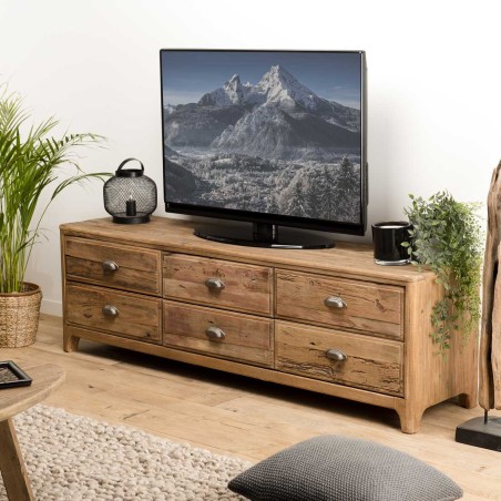 SANDY TV Stand in Brown with 6 Drawers | Recycled Pine