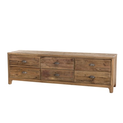 Meuble TV SANDY - Pin recyclé 6 tiroirs marron