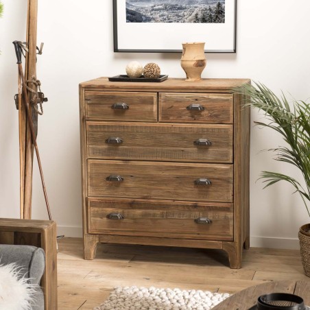Meuble chiffonnier marron 5 tiroirs bois Pin recyclé - SANDY