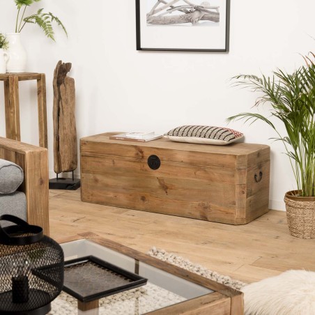 Coffre rangement marron bois Pin recyclé poignées métal noir | Collection Sandy