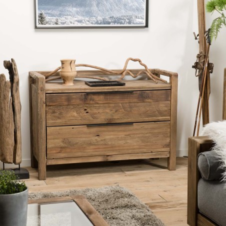 Commode marron 2 tiroirs bois Pin recyclé SANDY