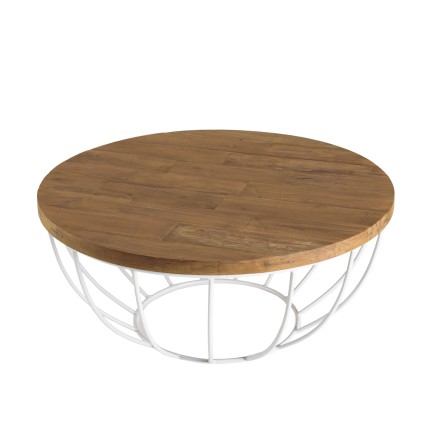 Table basse ronde SIXTINE 80x80cm teck recyclé métal blanc