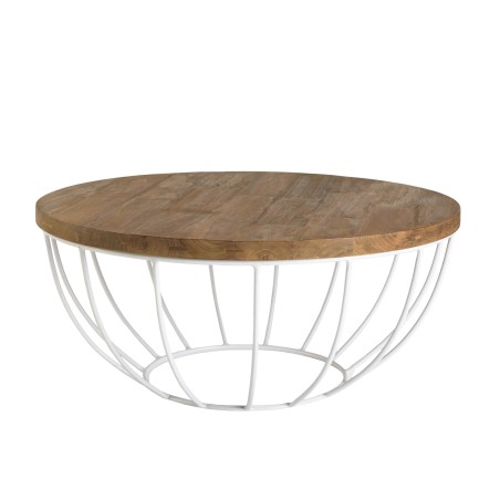 SIXTINE Round Shell Coffee Table 80x80cm - Recycled Teak Top with White Metal Legs
