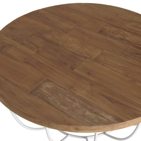 Table basse ronde SIXTINE 80x80cm teck recyclé métal blanc