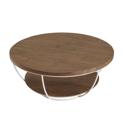 Table basse coque ronde 80x80cm teck recyclé métal blanc