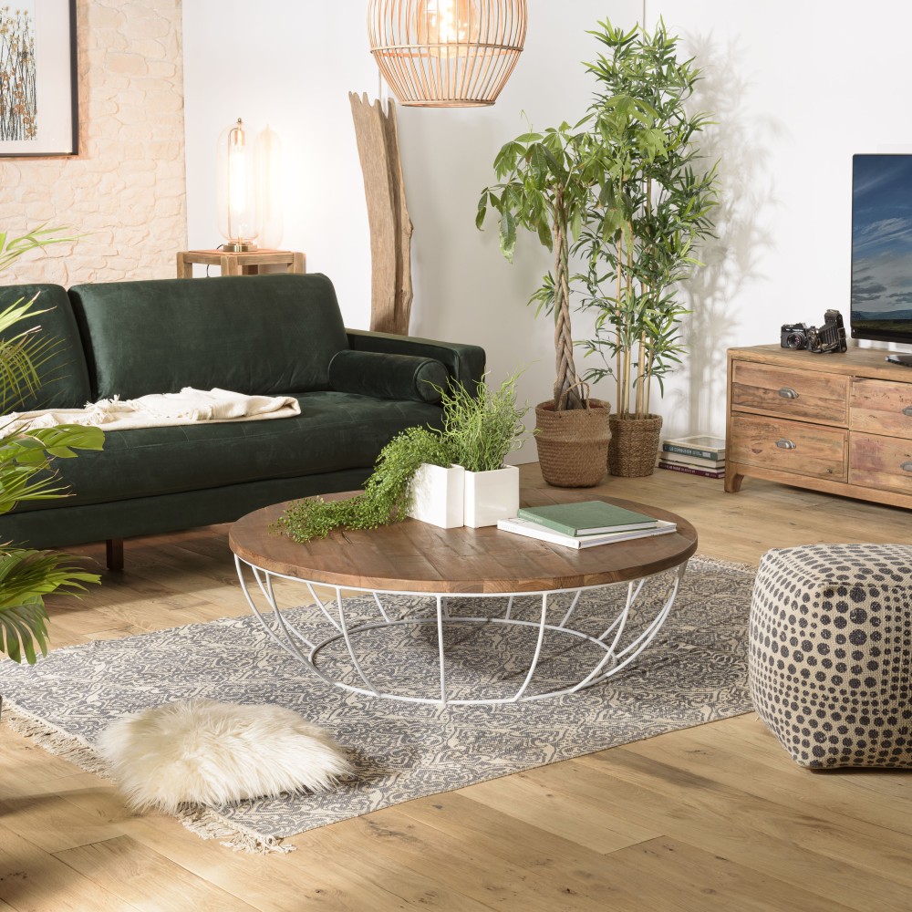 SIXTINE Round Coffee Table 120x120cm Recycled Teak White Metal Base