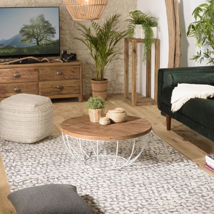 Table basse ronde SIXTINE 80x80cm teck recyclé métal blanc