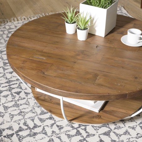 SIXTINE Round Shell Coffee Table 80x80cm - Recycled Teak White Metal